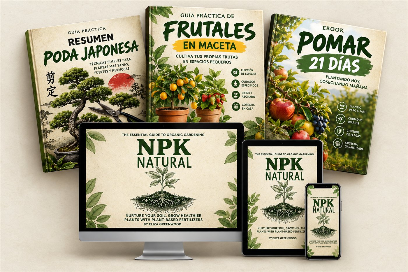 Ebook NPK Natural en computadora, tablet y celular, junto a las guías Poda Japonesa, Frutales en Maceta y Pomar 21 Días